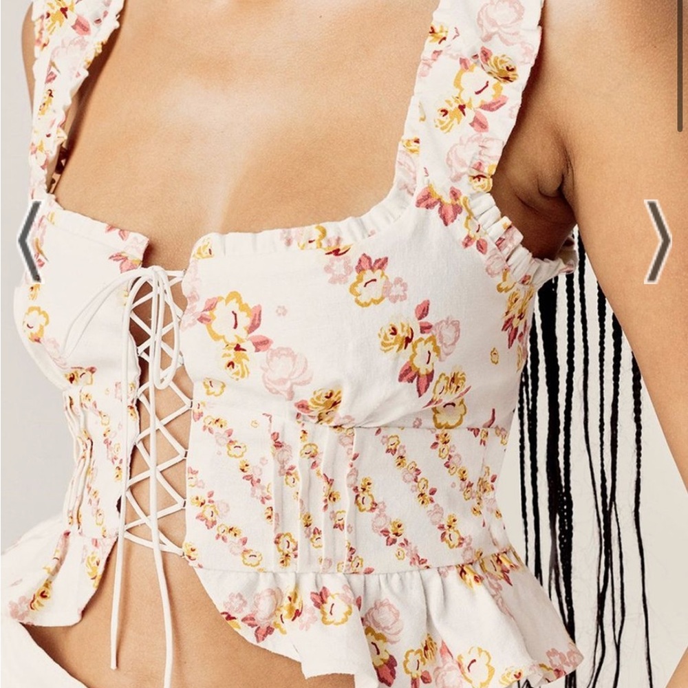 For Love And Lemons Floral Lace-Up Top - Cream and Pink - Picture 3 of 6